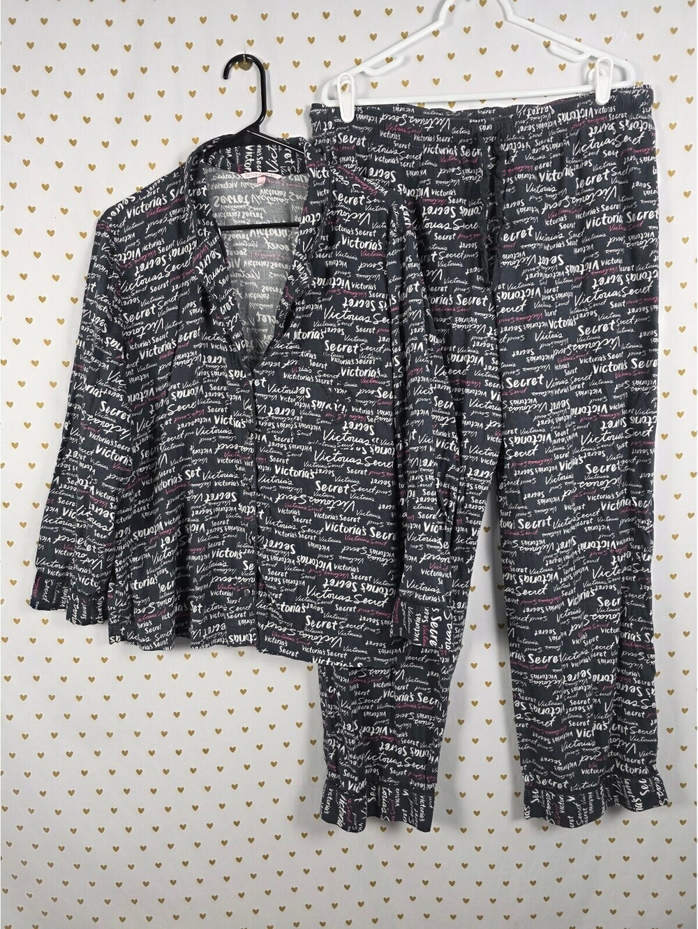 Victorias Secret Logo 2pc Sleep Set Pajamas Shirt Pants LARGE Comfy